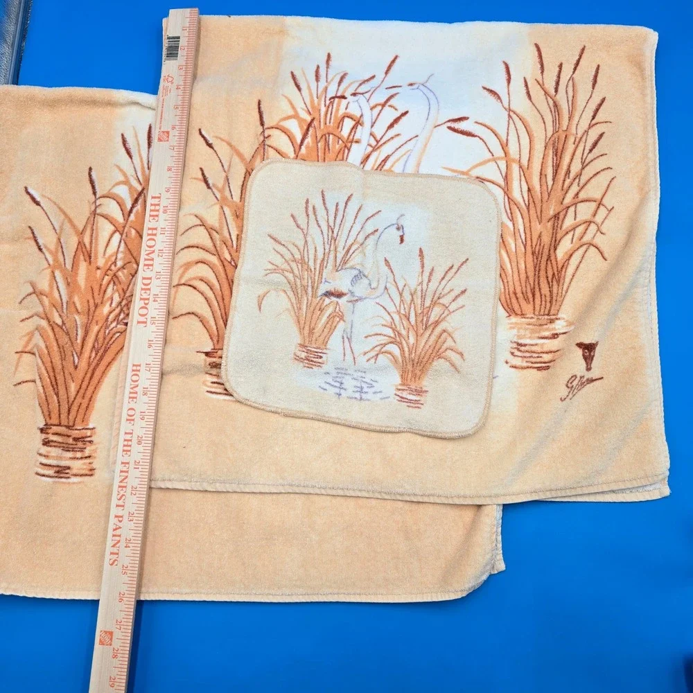 G. Maron Vintage 3pc Velour Towel Set Art Deco Crane 2 Bath Towels Washcloth